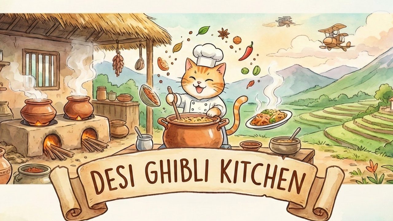 Desi Ghibli Kitchen — Ghibli-style animation of a South Indian village kitchen