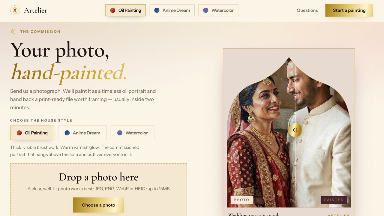 Gold & Ink — AI portrait painting product landing page